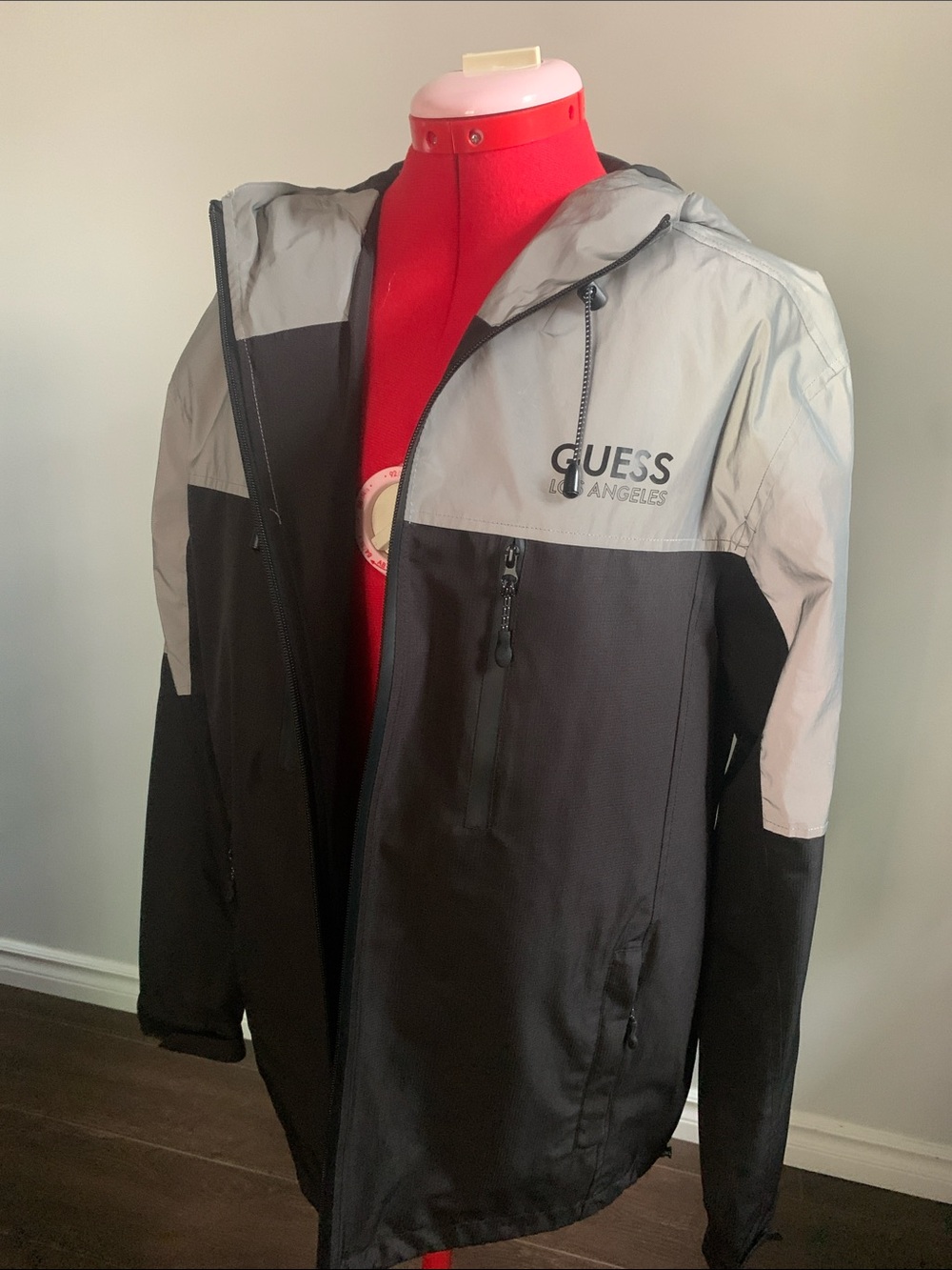 Guess Black and Light Gray Holographic Colorblock Hooded Windbreaker